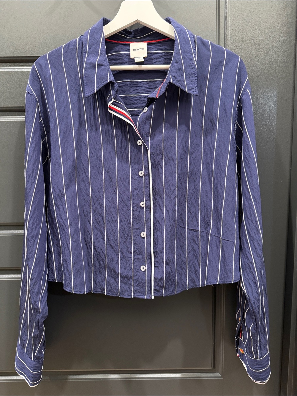 Maeve Navy and White Pinstripe Button-Down Crop Shirt size M